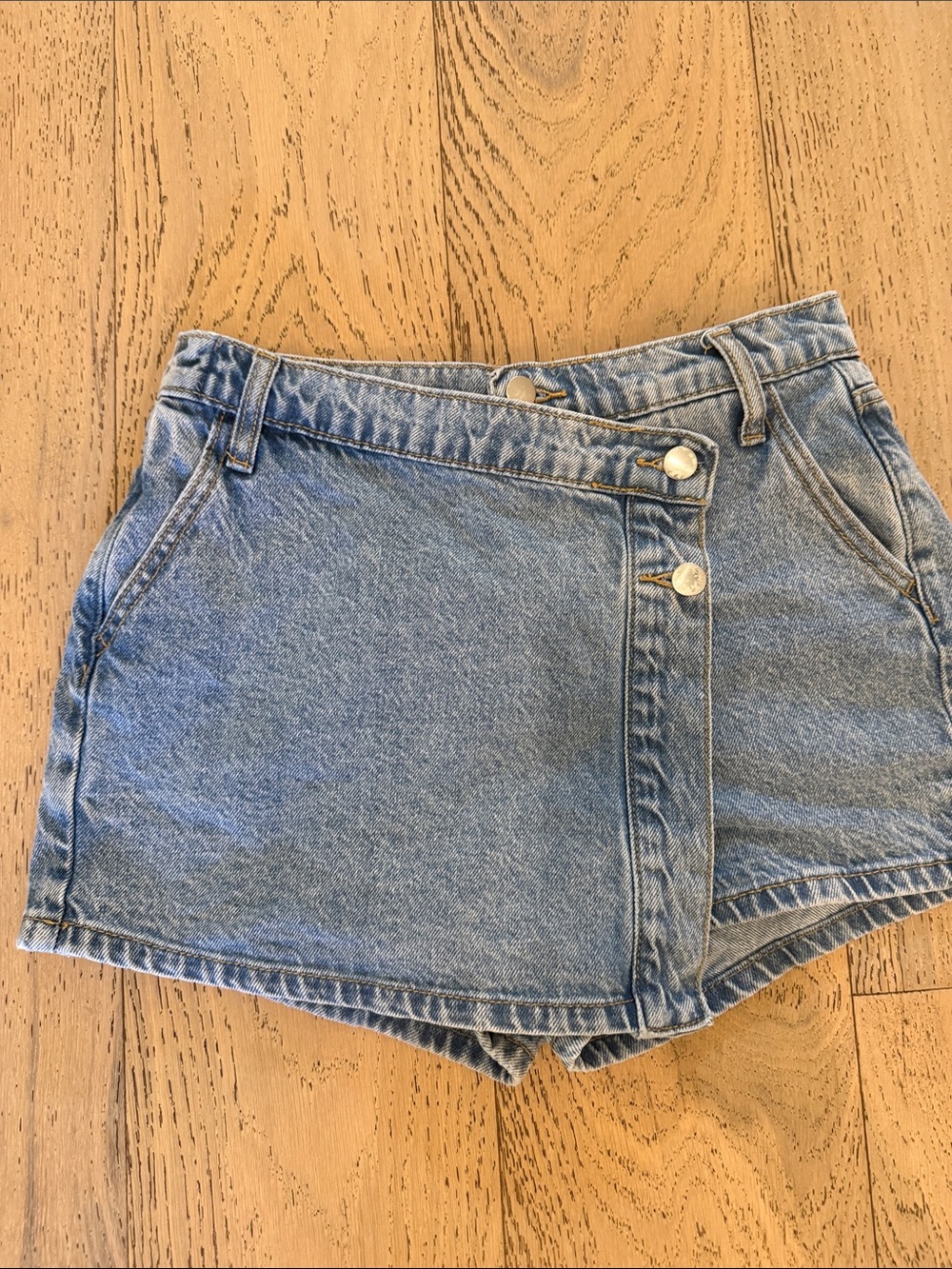 Altar'd State Light Blue Asymmetrical Button Denim Shorts